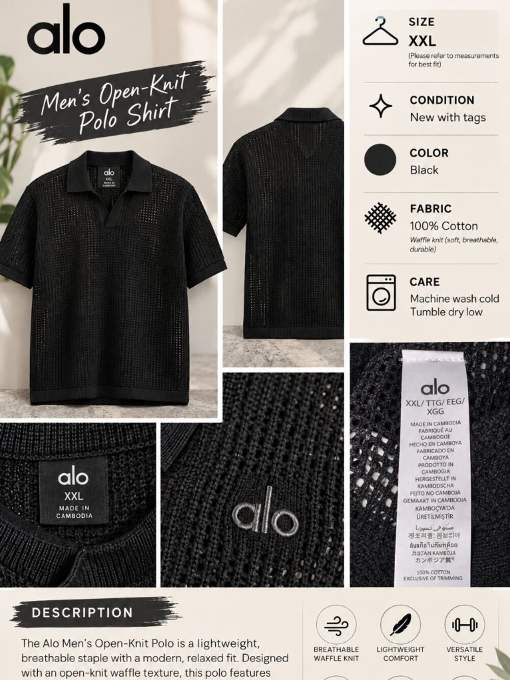 Mens ALO Yoga Open Knit Mesh V Neck Collar Polo Shirt Top Black NWT XXL